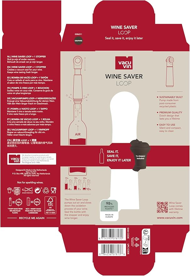 Vacu Vin Wine Saver Loop – Made in the Netherlands – Premium Wine Preserver Pump with Stopper – Reseals & Preserves Wine – Airtight Air Removal System – Graphite