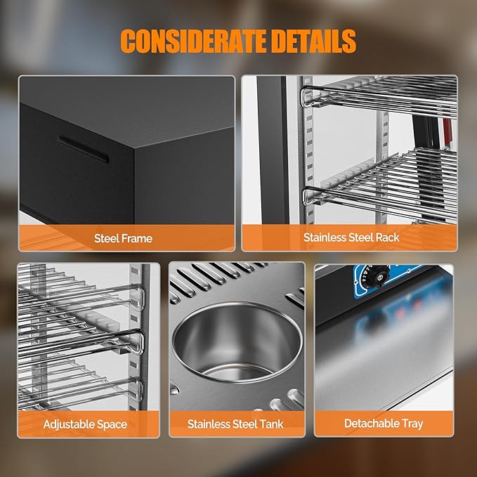 ROVSUN 35" Pizza Warmer Food Warmer Display, 3-Tier Electric Food Warmer Commercial Countertop w/LED Lighting Adjustable Removable Shelves Glass Door, Pretzel Warmer for Buffet Restaurant 1500W