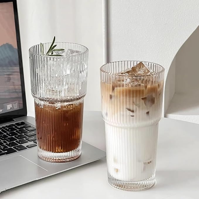 Drinking Glasses，19oz Ribbed Glassware,9 Pack Old Fashioned Glasses,Thickened glass for iced coffees, smoothies, cocktails and juices, perfect for families and parties (9)