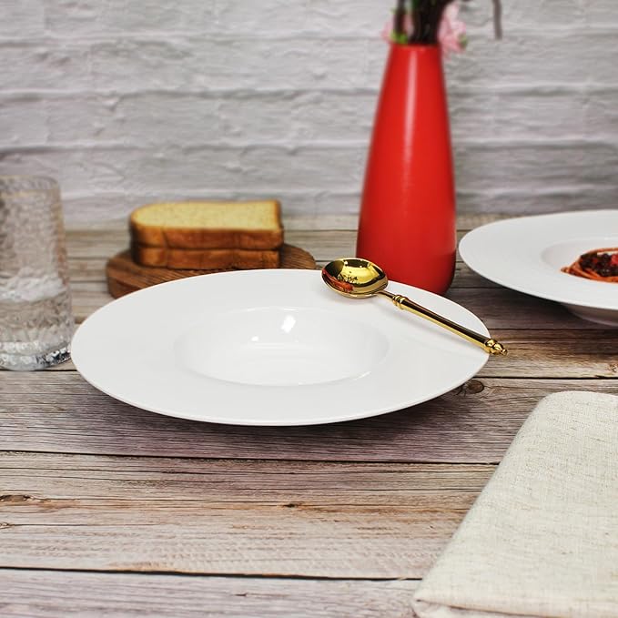 Ceramic Wide Rimmed Soup Plate, Soup Bowl 9 oz, Pasta Bowl Set of 4, White Shallow Bowl Plate with Rim, Best choice for high-end restaurants, hotels, and foodies, 10.85 Inch
