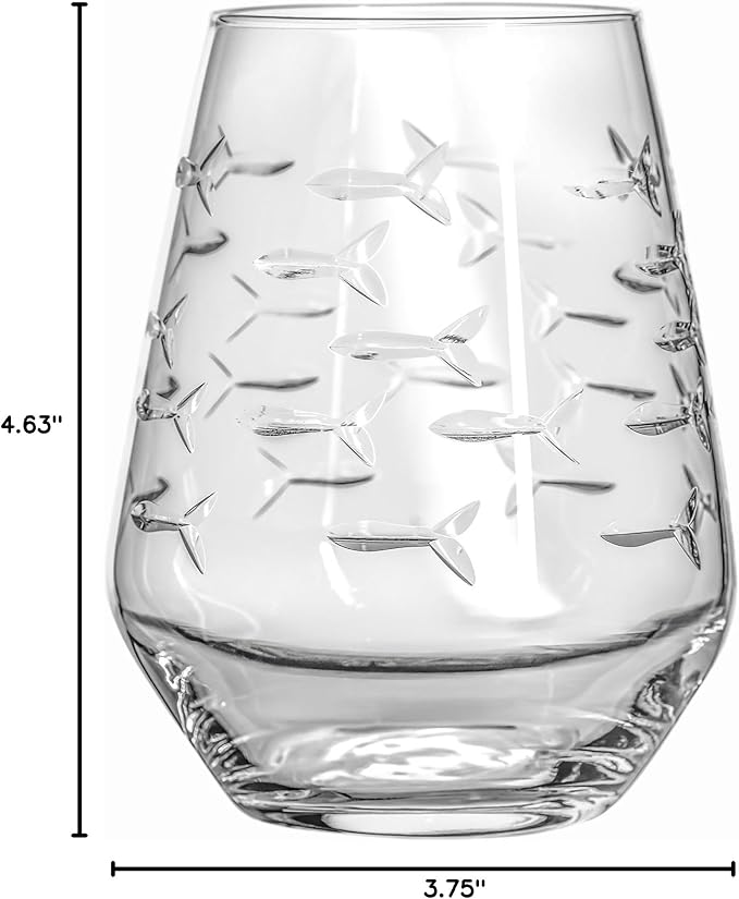 Rolf Glass | School of Fish Stemless Tumbler | Stemless Wine Glasses 18oz | Lead-Free Glass | Engraved and polished in Pennsylvania | US made (Set of 4)