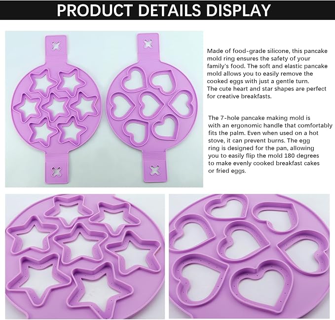 7-Cavity Pancake Maker Mold,Silicone Egg Ring Maker for Nonstick Cooking - Create Fun Shape Breakfast for Kids, Easy to Use with Handle for Microwave, Oven