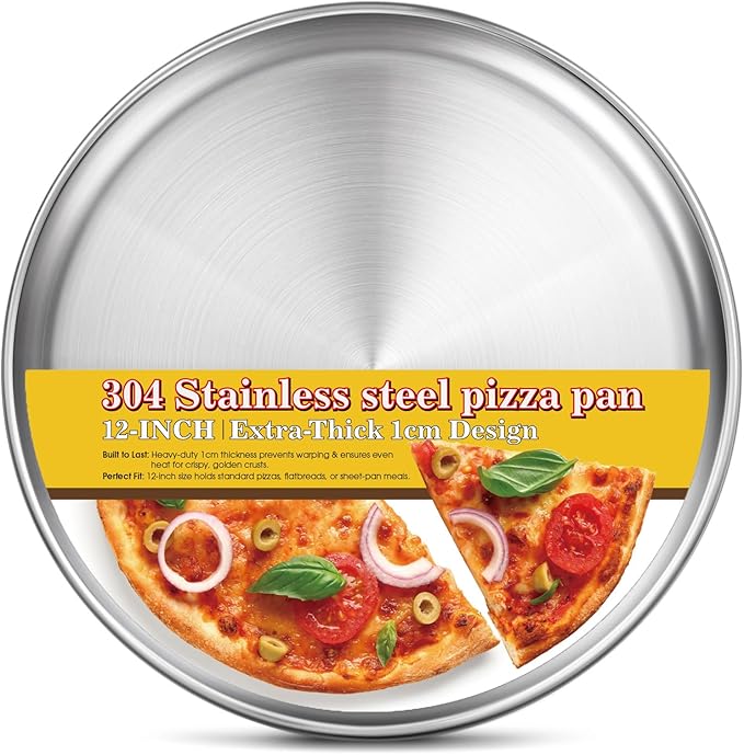Stainless Steel Pizza Pan 12 inch, Pizza Pan for Oven, Steel Pizza Tray, Thick Round Pizza Plate Pizza Baking Sheet, Easy Clean & Dishwasher Safe, Set of 1