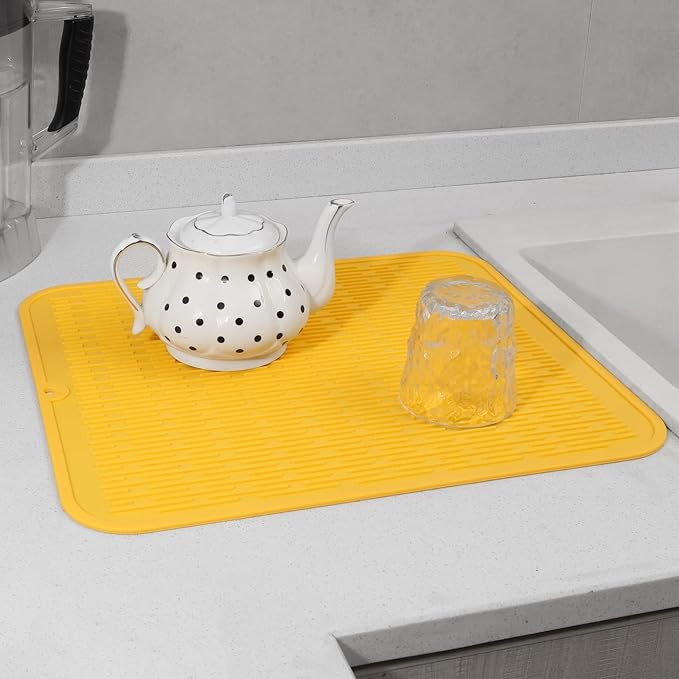 Silicone Dish Drying Mat for Multiple Usage,Easy clean,Eco-friendly,Heat-resistant Silicone Mat for Kitchen Counter or Sink,Refrigerator or Drawer Liner Yellow 2XL 24 inches x 18 inches