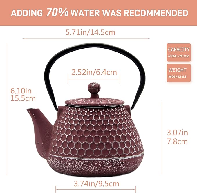 20.3oz Small Cast Iron Teapot, SECHUDO Tea Kettle for Stovetop Safe Coated with Enameled Interior, Pink Tea Pot with Stainless Steel Infuser for Loose Tea (Honeycomb Pattern)