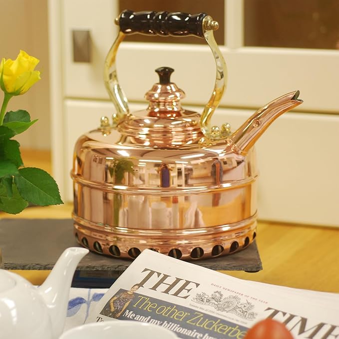 Newey & Bloomer Buckingham No. 1 Tea Kettle, 1.9 Qt. - Solid Copper Body & Tin-Lined Interior, Handmade Vintage Kitchen Essential - Gas Stovetop Compatible, Heat-Resistant Teapot