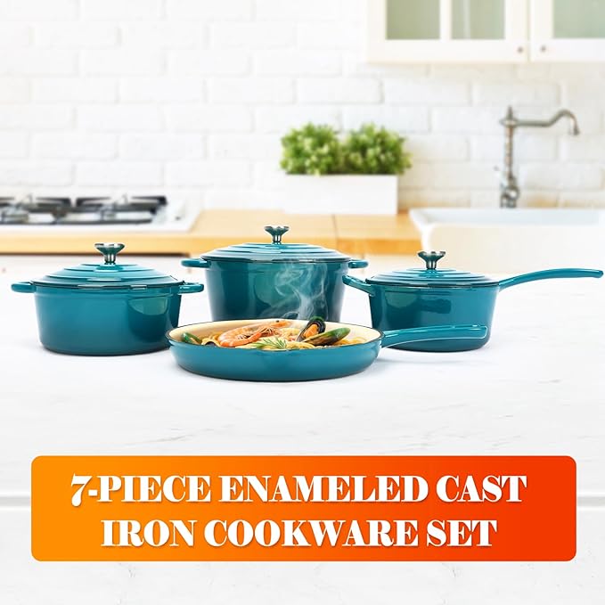 Ceramic Coated Cast Iron Cookware Set, 7-Piece Enameled Dutch Oven and Skillet Set with Lids, Nonstick Pots and Pans Set for Bread Baking, Oven Safe, Induction Compatible, PFAS-Free (Light Cyan)