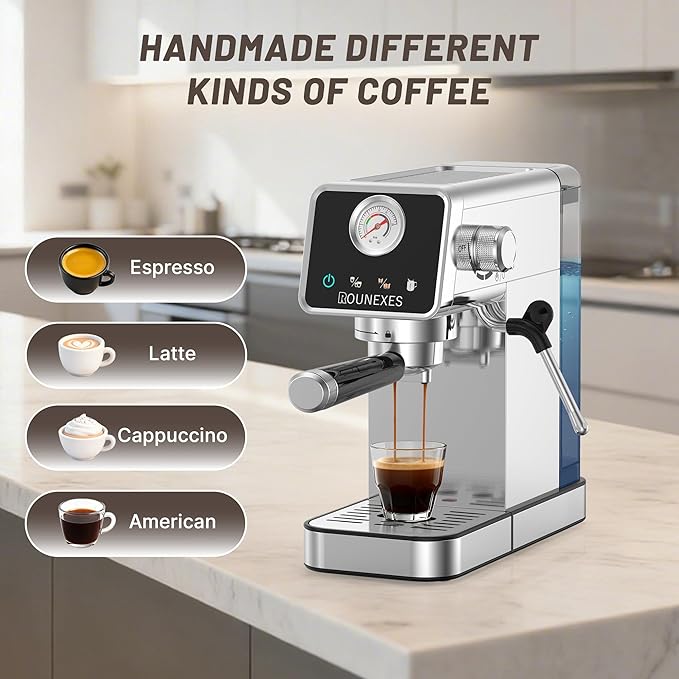 20 Bar Espresso Machine, Semi-Automatic Espresso Maker with Pressure Gauge & Touch Screen, Single Shot Professional Coffee Maker for Home Use, Compact Design with Milk Frother