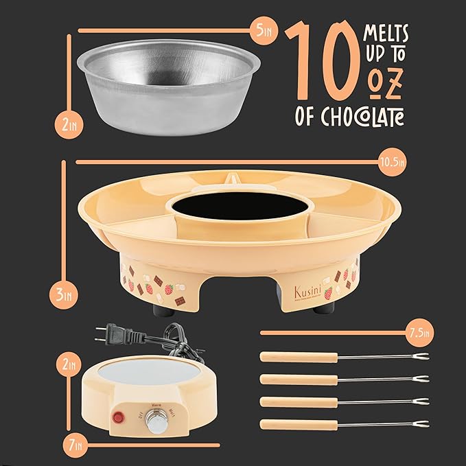 Kusini Fondue Pot Electric Set – 10-oz Chocolate Fondue kit - Temperature Control, Detachable Serving Tray, 4 Forks – Hostess Gift Ideas, Unique Housewarming Gift Set – Birthday Party Ideas
