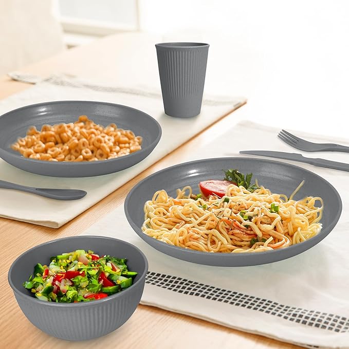 LAERJIN 56 Piece Wheat Straw Dinnerware Sets,Unbreakable Reusable Dinnerware Set,Dishwasher & Microwave Safe Plates and Bowls Sets, for Apartment Essentials, Outdoor Camping, Gray