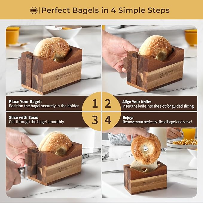 Annie & Mia Design Premium Acacia Wood Bagel Slicer For Large Bagel Stylish Hand Crafted Wood Bagel Cutter With Ergonomic Designed Handle Grip
