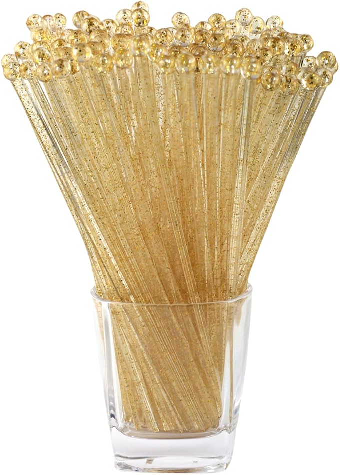 100 Pieces Disposable Plastic Round Top Clear Swizzle Sticks, Crystal Cake Stick, Cocktail Coffee Drink Stirrers 7.24 Inch (Golden)