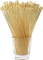 100 Pieces Disposable Plastic Round Top Clear Swizzle Sticks, Crystal Cake Stick, Cocktail Coffee Drink Stirrers 7.24 Inch (Golden)