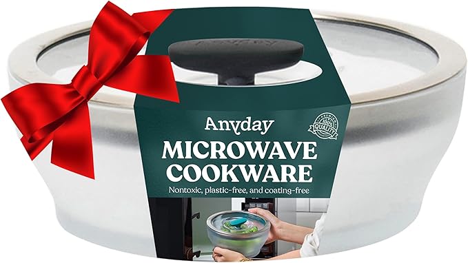 Anyday 4-Cup Microwave Cookware & Glass Container with Glass Lid, Plastic-Free Shallow Food Storage | Stackable Airtight Steamer with Vented Lid for Microwave-Safe Reheating, Steaming Vegetables