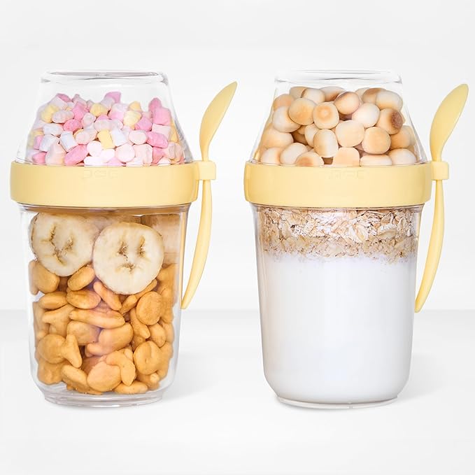 Felli On The Go Yogurt Parfait Snack Cup with Lid, Reusable Leak Proof Acrylic Travel Container for To Go Cereal Granola Milk, 12 oz Clear Mason Jar with Spoon & Crunch Fruit Holder (2, Yellow)