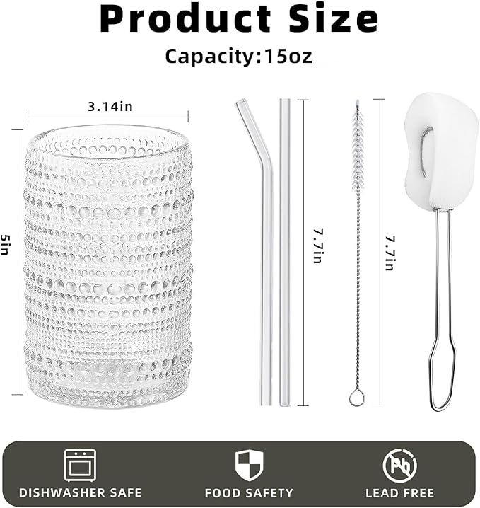 15 oz Clear Hobnail Drinking Glasses with Straws Set of 6, Vintage Glassware Old Fashioned Beverage Glasses, Cocktail Drinking Glassware Set, Kitchen Water Glasses Cup, for Beer, Smoothie, Juice