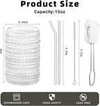 15 oz Clear Hobnail Drinking Glasses with Straws Set of 6, Vintage Glassware Old Fashioned Beverage Glasses, Cocktail Drinking Glassware Set, Kitchen Water Glasses Cup, for Beer, Smoothie, Juice
