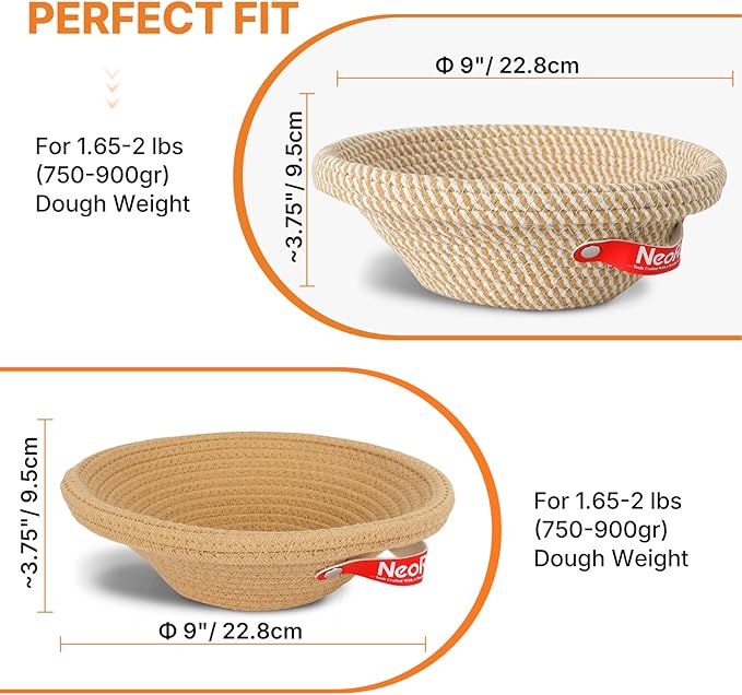Banneton Bread Proofing Basket Set - 2X Round Sourdough Proofing Baskets - Sourdough Proofing Bowls Bread Baking Supplies With Liner & Cloth Cover - Cotton Rope Banneton Basket for Baking