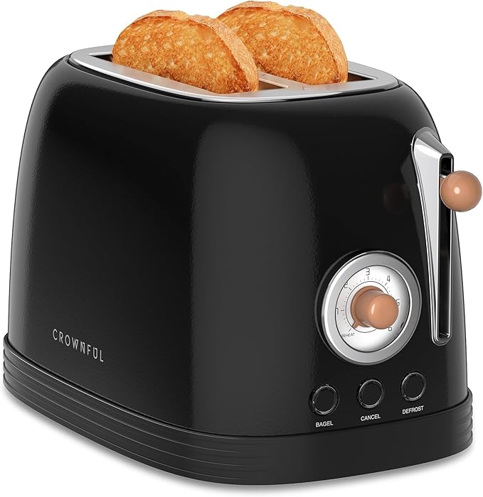 CROWNFUL 2-Slice Toaster, Extra Wide Slots Toaster, Retro Stainless Steel with Bagel, Cancel, Defrost, Reheat Function and 6-Shade Settings, Removal Crumb Tray, Black