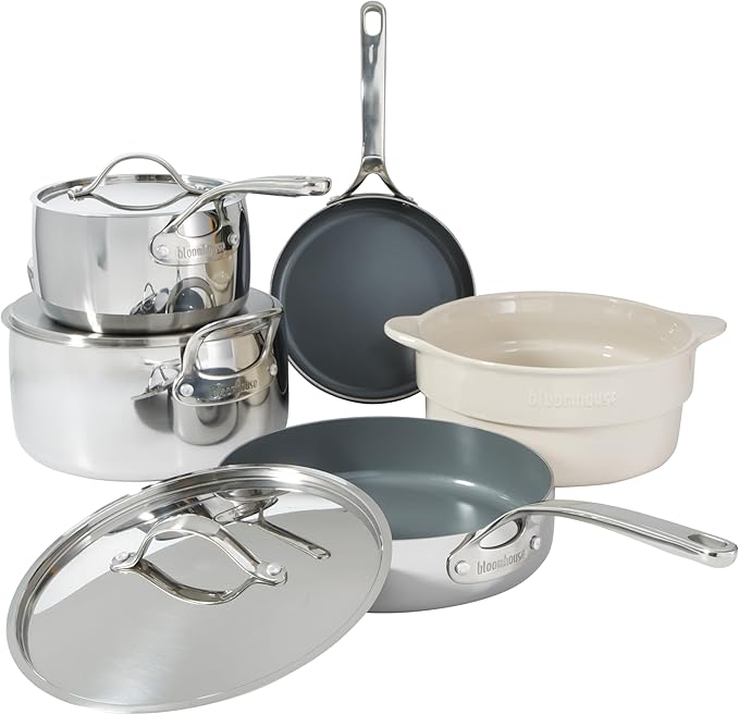 Bloomhouse - Two Time Oprah's Favorite Things Winner - 8 Piece Triply Stainless Steel Pots and Pans Cookware Set W/Grey Non Toxic Pro Ceramic Non Stick Interior