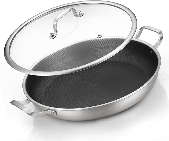Tri-Ply Stainless Steel Paella Pan,12 Inch Nonstick Large Skillet, 8 Servings 18/10 Paella Pan with Lid,Jumbo Cooker,Induction Pan,Large Skillet for Outdoors, Camping, Parties