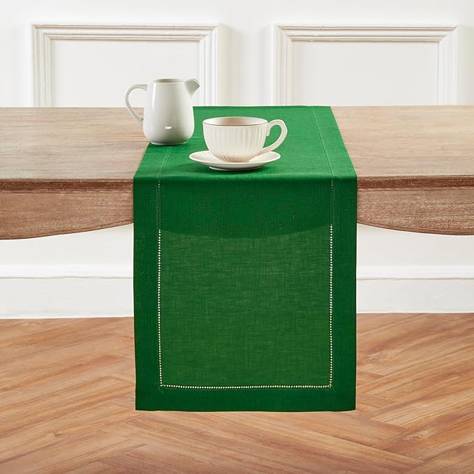Solino Home Linen Garden Green Table Runner 72 Inches Long - 100% Pure Linen Hemstitch Table Runner 14 x 72 Inch for Dresser, Dining - Classic Hemstitch
