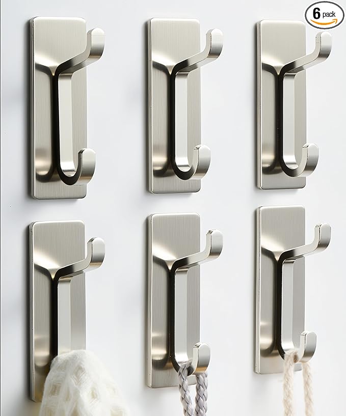 pickpiff Wall Hooks for Coat and Towel: 13LB Adhesive Door Hanger Stick on, Brushed Nickel 6 Pack