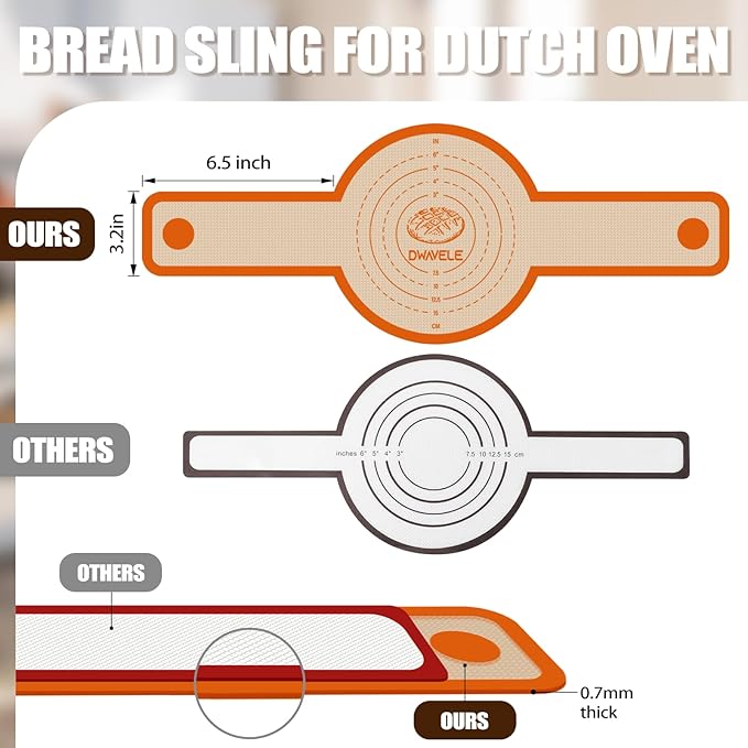Silicone Bread Sling for Dutch Oven, Non-Stick & Easy to Clean Bread Baking Mat Set, 2 Pcs Reusable Bread Sling with Long Handle to Transfer Sourdough (Orange, Oval and Round)