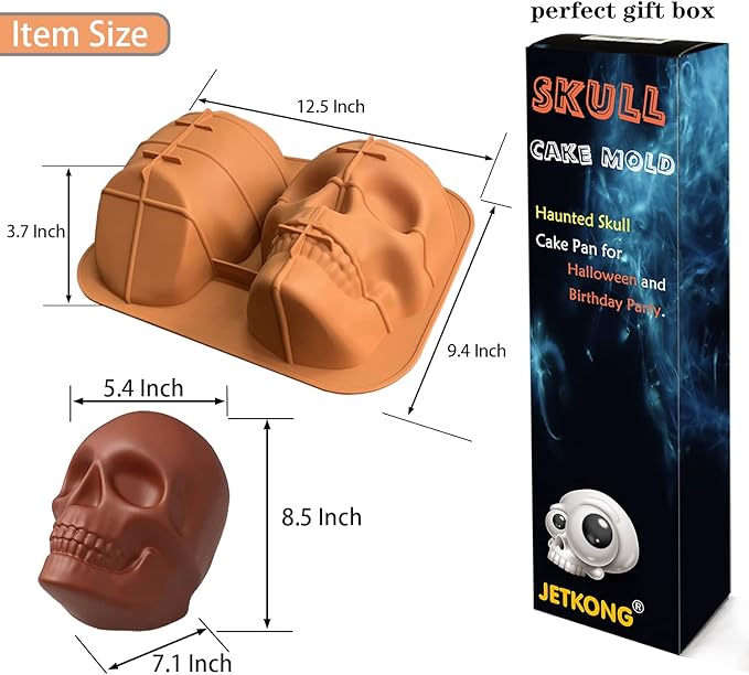 JETKONG Large Skull Cake Pan Haunted Skull Baking Cake Mold for Halloween and Birthday Party (Brown)
