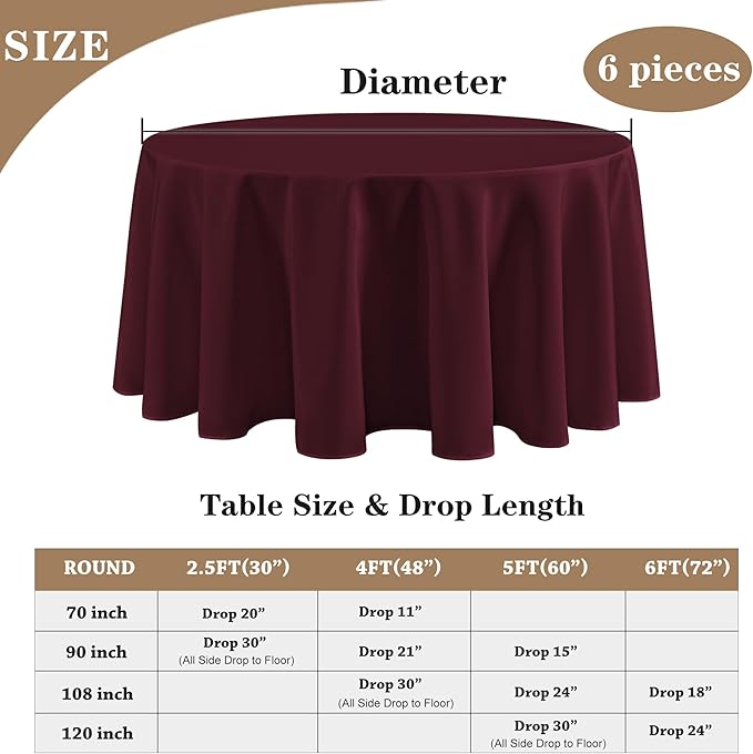 Fitable 6 Pack Burgundy Round Tablecloths - 120 Inches in Diameter - Stain Resistant and Washable Table Clothes, Polyester Fabric Table Covers for Wedding, Party, Banquet, Formal Events
