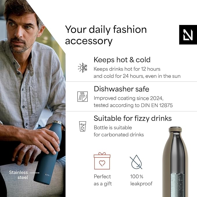 LARS NYSØM Stainless Steel Insulated XL Water Bottle 12 oz 17 oz 25 oz 34 oz 51 oz | Insulated Thermo Flask for Hot and Cold Beverages | Leakproof Drinking Bottle (Taupe Brown, XL 50.7 oz)