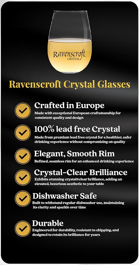 Voted New York Times Best Stemless Glass 2017, Elegant, Thin, European-Made,100% Lead-Free Crystalline Stemless Wine Glasses, Set of 6, 17 Fl Oz, Perfect for Sprits, Cocktails, Water, and Smoothies