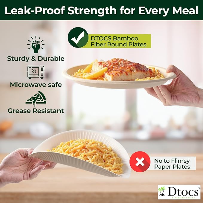 Dtocs Bamboo Fiber Plates 10 Inch Round (50 Pcs) | Bamboo Plate Disposable Dinnerware Set for Party, Dinner, BBQs, Wedding | Sustainable Platter for Hot, Cold Food | Alt to Plastic, Wood, Paper Plates