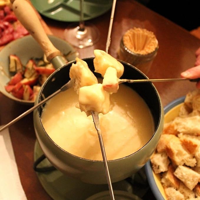 6 PCS 9.5'' Stainless Steel Fondue Forks with Wooden Handle, Color Coding Heat Resistant Fondue Sticks, Cheese Chocolate Fountain Forks for Roast Marshmallows, Grill Meat, Fruits, Dessert & Barbecue