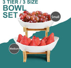 Seven Sparta 2 Tier Fruit Bowl for Kitchen Counter/Ceramic Serving Bowls with Bamboo Stand/Tiered Fruit Basket for Fruit Vegetable Storage, Cake, Dessert, Nuts, Snack, Salad (Dishwasher Safe)