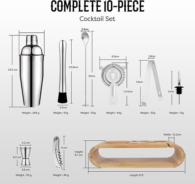 Cocktail Shaker Set Bartender Kit with 10 Bar Tools & Bamboo Stand – Martini Shaker, Jigger, Strainer, Muddler, Mixer Spoon, Pourers – Home Bar Set & Gift for Men (Silver)