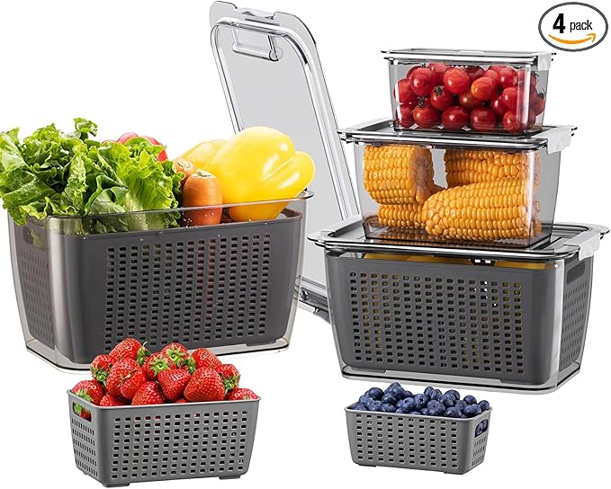 LUXEAR 4 Pack Fruit Containers for Fridge, Vegetable Storage Container with Lids &Removable Colander Produce Saver Organizer for Refrigerator Keep Fruit, Veggie, Berry, Meat Fresh Longer-Grey