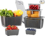 LUXEAR 4 Pack Fruit Containers for Fridge, Vegetable Storage Container with Lids &Removable Colander Produce Saver Organizer for Refrigerator Keep Fruit, Veggie, Berry, Meat Fresh Longer-Grey