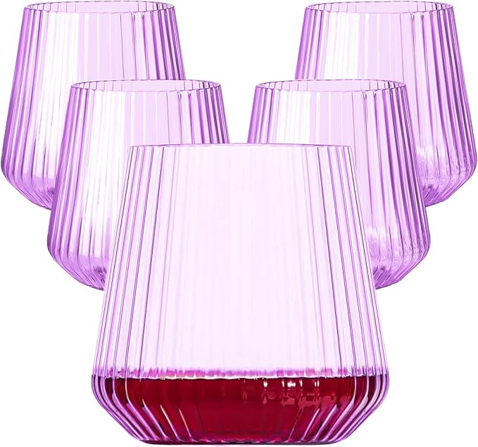 40 Pack Plastic Ribbed Wine Glasses, 14Oz Origami Disposable Wine Glasses Unbreakable Clear Plastic Cocktail Glasses Recyclable Shatterproof Reusable Wine Cups (14oz-purple-40pack)