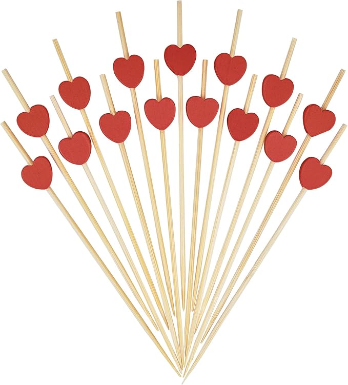Minisland Red Love Heart Cocktail Picks, 4.7 Inch Long Bamboo Fancy Toothpicks for Appetizers, Decorative Bridal Wedding Valentines Party Food Drinks Garnish Fruit Skewer Sticks 100 Counts -MSL131