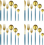 24Pcs Gold Mirror Silverware Flatware With Blue Handle, 18/0 Stainless Steel Cutlery Set Utensils Kitchen Dinnerware Include Knife Fork Spoon and Teaspoon, Service for 4