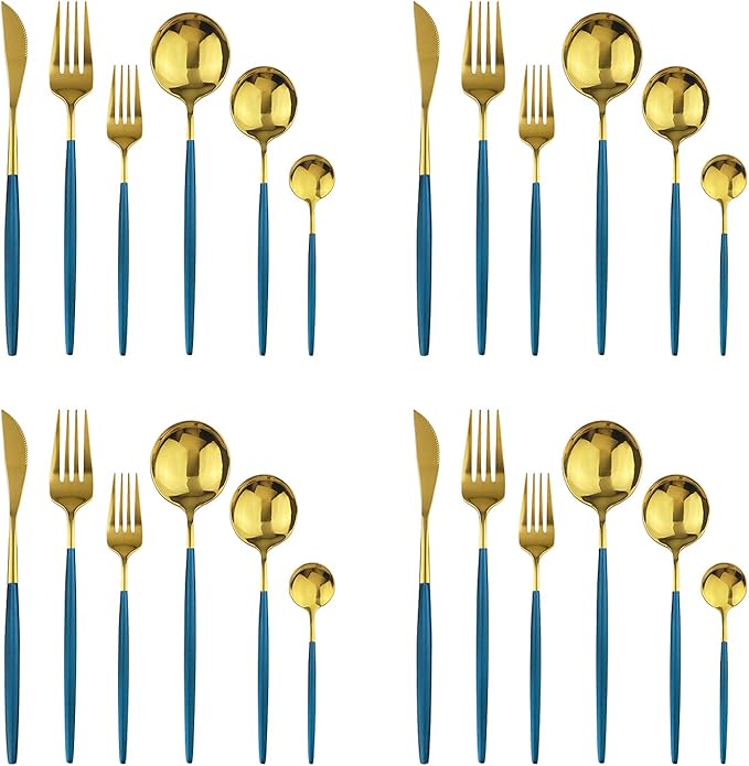 24Pcs Gold Mirror Silverware Flatware With Blue Handle, 18/0 Stainless Steel Cutlery Set Utensils Kitchen Dinnerware Include Knife Fork Spoon and Teaspoon, Service for 4
