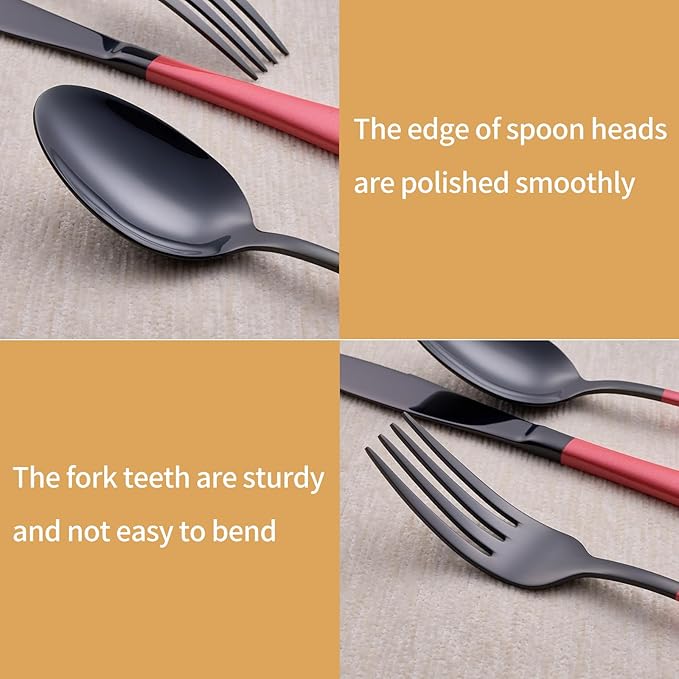 20-Piece Black Silverware Set 18/0 Stainless Steel Silverware Set Pink Handle Cutlery Set Service for 4 Dinner Knives Forks Spoons Set Flatware Set Finish Dishwasher Safe（Black and Pink）