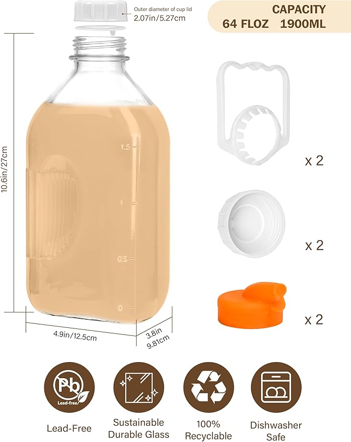 2QT Heavy Duty Glass Milk Bottle with Lid,2Pack 64oz Glass Milk Jug with Reusable Airtight Screw Lid,Bottles for Juice,Water,Oat or Plant Milks