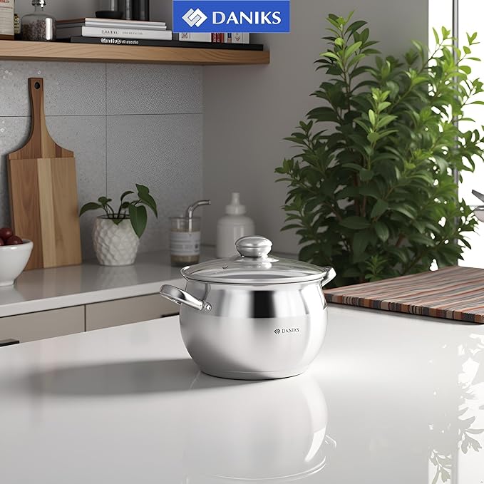 Daniks Classic 3 Quart Stainless Steel Stock Pot with Glass Lid, Tri-Ply Bottom for Even Heating, Induction Compatible, Dishwasher Safe