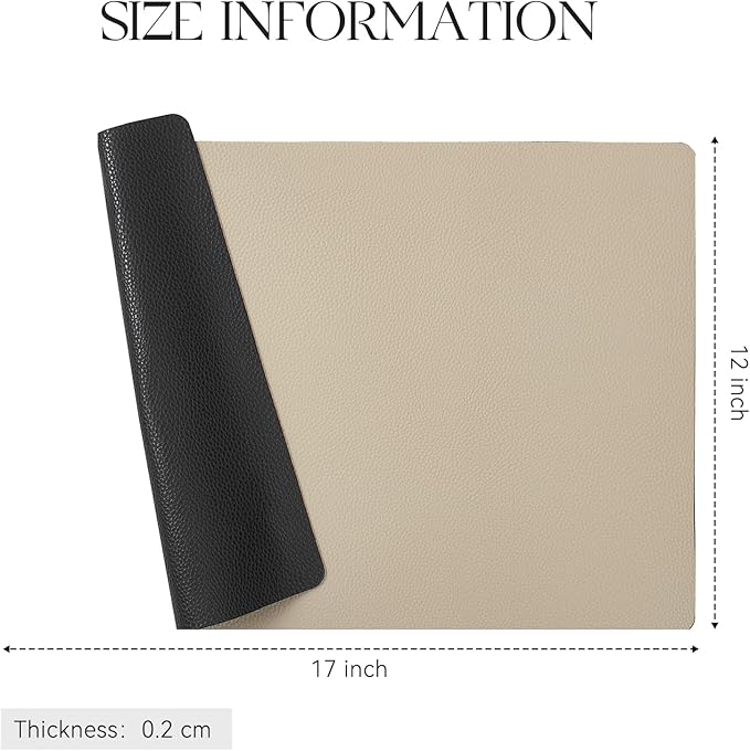 MOSAYT Vinyl Placemats Set of 4, Heat Resistant Place Mats 100% Waterproof Washable & Wipeable Faux Leather Reversible Table Mats for Kitchen Dining Party Indoor Outdoor, 12" x 17", Black/Khaki