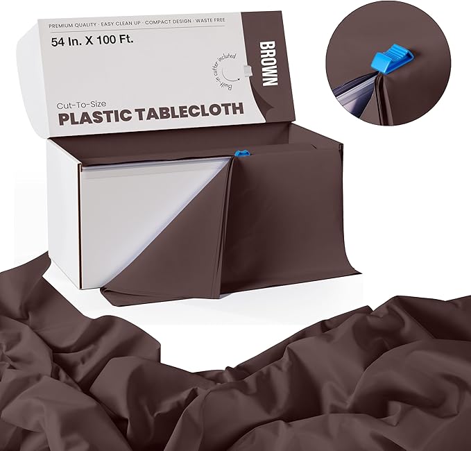 Exquisite Party Solids 54 Inch X 100 Feet Brown Plastic Table Cover Roll in A Cut - to - Size Box with Convenient Slide Cutter. Cuts Up to 12 Rectangle 8 Feet Plastic Disposable Tablecloths