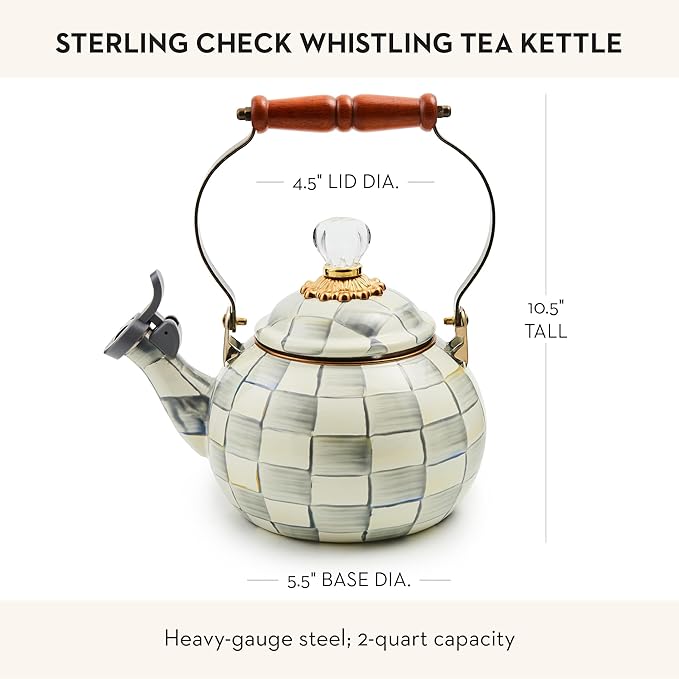 MACKENZIE-CHILDS Enamel Whistling Tea Kettle, Decorative Teapot for Stovetop, Gray-and-White Sterling Check