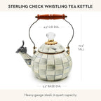 MACKENZIE-CHILDS Enamel Whistling Tea Kettle, Decorative Teapot for Stovetop, Gray-and-White Sterling Check