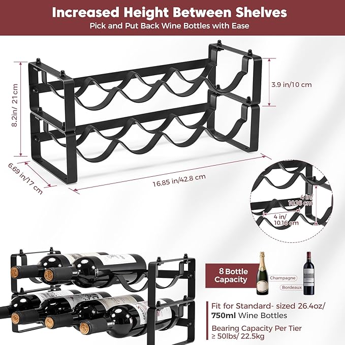 Stackable Wine Rack Countertop, Sturdy Wine Bottle Holder Freestanding for Cabinet, 2 Tier Small Tabletop Wine Holder Stand for Pantry Bar, Wire Wine Bottle Rack Metal Wine Storage Organizers